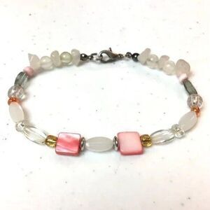 Handmade Bracelet Beaded Glass Quartz Crystals Plastic Mixed Beads White Peach